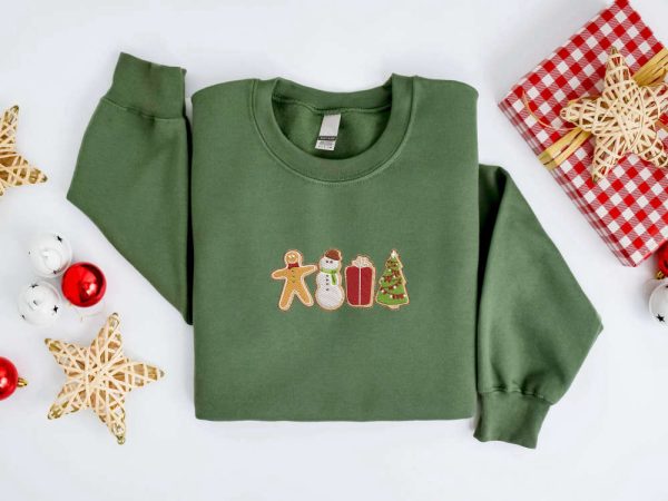 Embroidered Christmas Sweatshirt, Gingerbread Cookies Sweater For Christmas