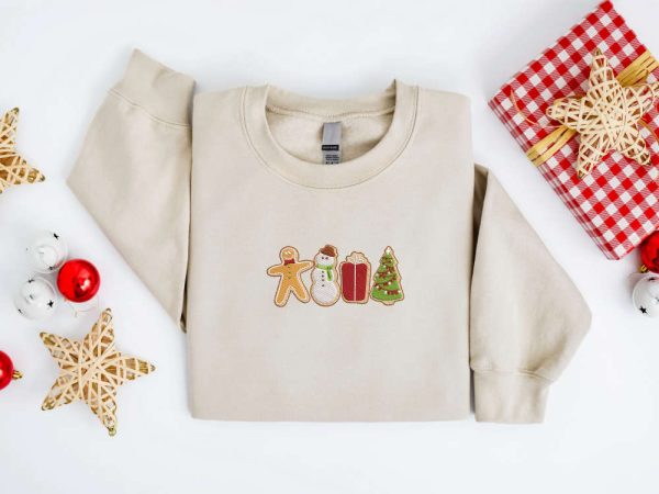 Embroidered Christmas Sweatshirt, Gingerbread Cookies Sweater For Christmas