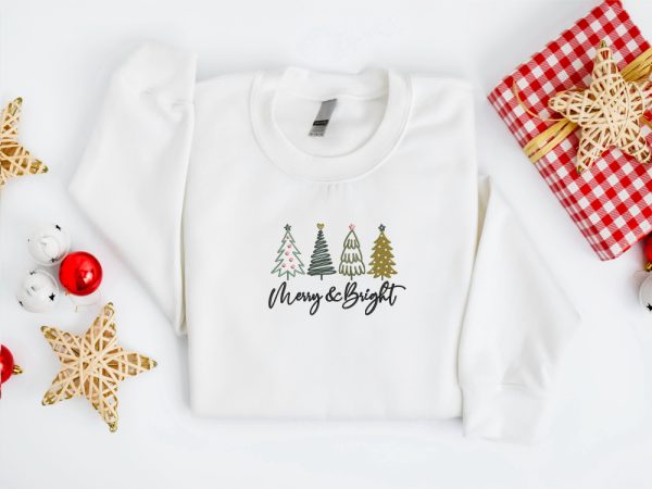 Embroidered Christmas Tree Sweatshirt, Merry and Bright Sweatshirt For Family