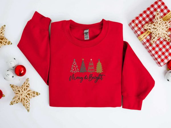 Embroidered Christmas Tree Sweatshirt, Merry and Bright Sweatshirt For Family