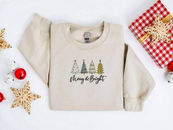 Embroidered Christmas Tree Sweatshirt, Merry and Bright Sweatshirt For Family