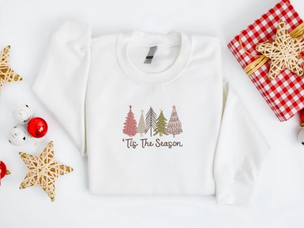 Embroidered Christmas Tree Sweatshirt, Tis The Season Sweatshirt For Family