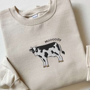 Embroidered Cow Sweatshirt, Moooody Cow Crewneck,…