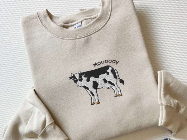 Embroidered Cow Sweatshirt, Moooody Cow Crewneck, Embroidered Cow Sweater, For Cow Lovers