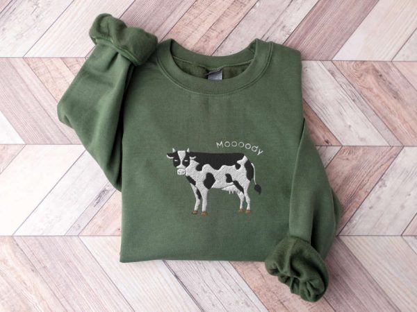 Embroidered Cow Sweatshirt, Moooody Cow Crewneck, Embroidered Cow Sweater, For Cow Lovers