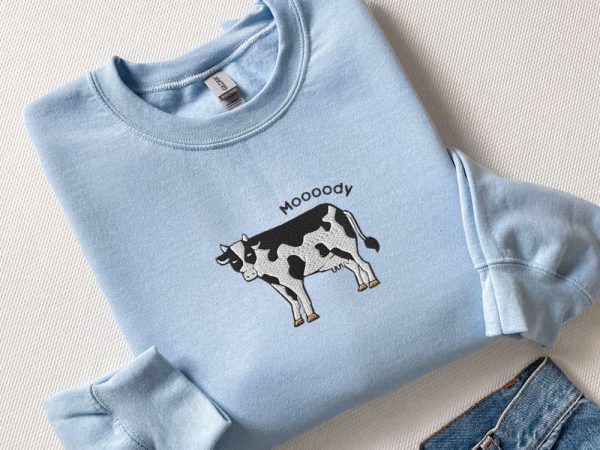 Embroidered Cow Sweatshirt, Moooody Cow Crewneck, Embroidered Cow Sweater, For Cow Lovers