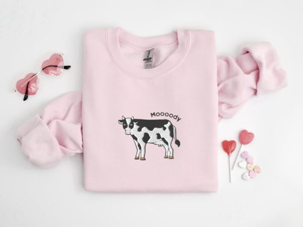 Embroidered Cow Sweatshirt, Moooody Cow Crewneck, Embroidered Cow Sweater, For Cow Lovers