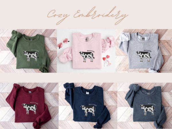 Embroidered Cow Sweatshirt, Moooody Cow Crewneck, Embroidered Cow Sweater, For Cow Lovers