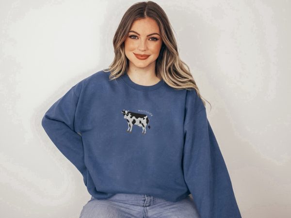 Embroidered Cow Sweatshirt, Moooody Cow Crewneck, Gift For Cow Lovers