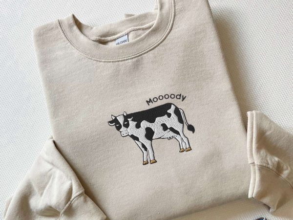 Embroidered Cow Sweatshirt, Moooody Cow Crewneck, Gift For Cow Lovers