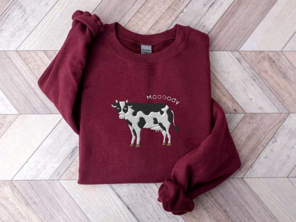 Embroidered Cow Sweatshirt, Moooody Cow Crewneck, Gift For Cow Lovers