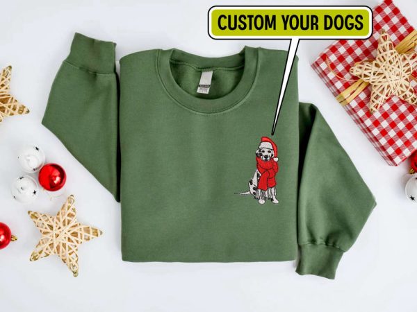 Embroidered Custom Christmas Dog Sweatshirt, Personalize Dog Christmas Sweater For Family
