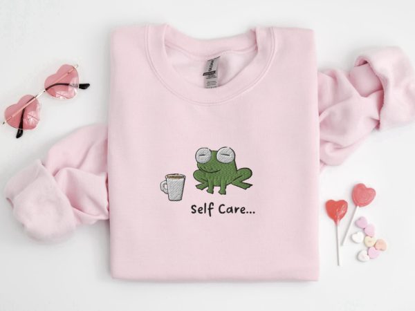 Embroidered Funny Frog Self Care Frog Sweatshirt, Best Gift For Family