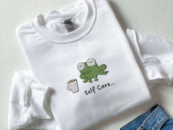 Embroidered Funny Frog Self Care Frog Sweatshirt, Best Gift For Family