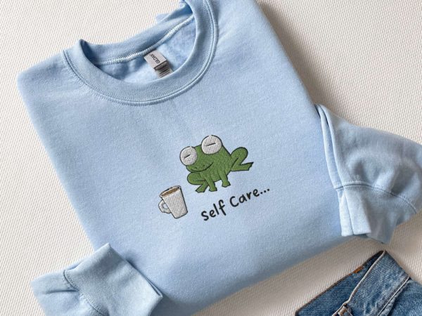 Embroidered Funny Frog Self Care Frog Sweatshirt, Best Gift For Family