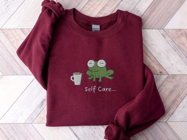 Embroidered Funny Frog Self Care Frog Sweatshirt, Best Gift For Family