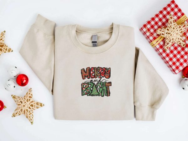 Embroidered Merry And Bright Christmas Sweatshirt For Men And Women