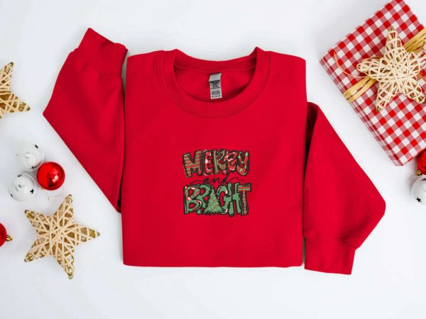 Embroidered Merry And Bright Christmas Sweatshirt For Men And Women