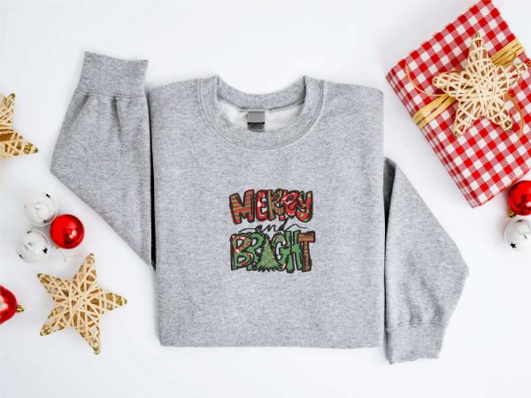 Embroidered Merry And Bright Christmas Sweatshirt For Men And Women