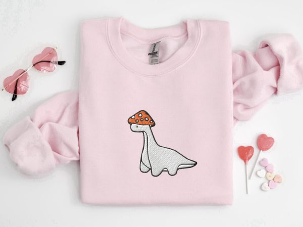 Embroidered Mushroom Dinosaur Sweatshirt, Mushroom Dinosaur Shirt For Christmas