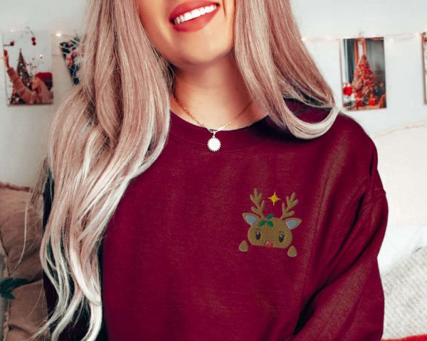 Embroidered Red Nosed Reindeer Sweatshirt, Christmas Reindeer Sweater, For Christmas