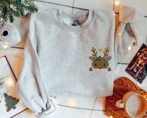 Embroidered Red Nosed Reindeer Sweatshirt, Christmas Reindeer Sweater, For Christmas