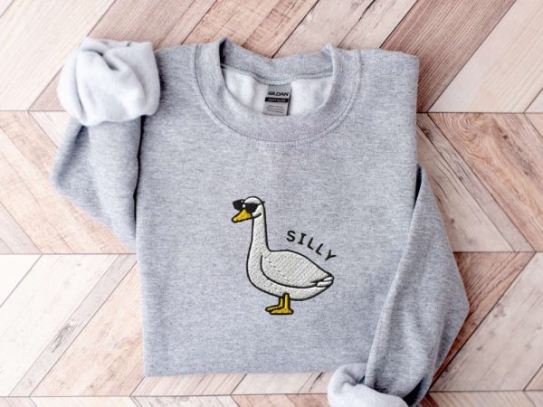 Embroidered Silly Goose Sweatshirt, Goose Sunglasses Crewneck Sweatshirt For Family