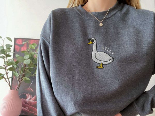 Embroidered Silly Goose Sweatshirt, Goose Sunglasses Crewneck Sweatshirt For Family