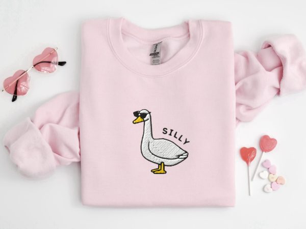 Embroidered Silly Goose Sweatshirt, Goose Sunglasses Crewneck Sweatshirt For Family