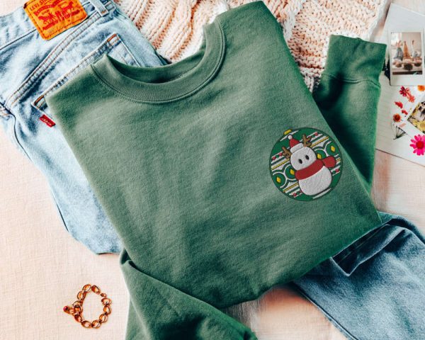 Embroidered Snowman Ornament Sweatshirt, Cozy Christmas Snowman Sweater For Family