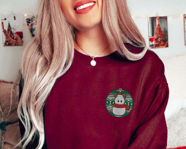 Embroidered Snowman Ornament Sweatshirt, Cozy Christmas Snowman Sweater For Family