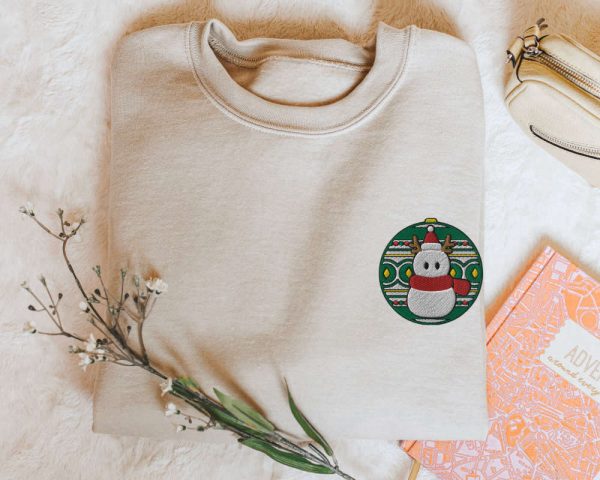 Embroidered Snowman Ornament Sweatshirt, Cozy Christmas Snowman Sweater For Family