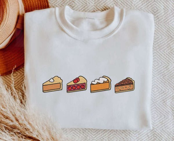 Embroidered Thanksgiving Pie Sweatshirt, 2D Crewneck Sweatshirt Gift For Family