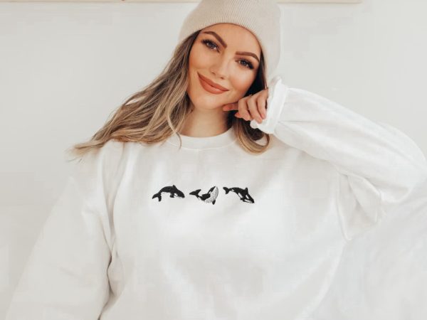 Embroidered Trio of Orcas Sweatshirt, Embroidered Orcas Sweatshirt For Family