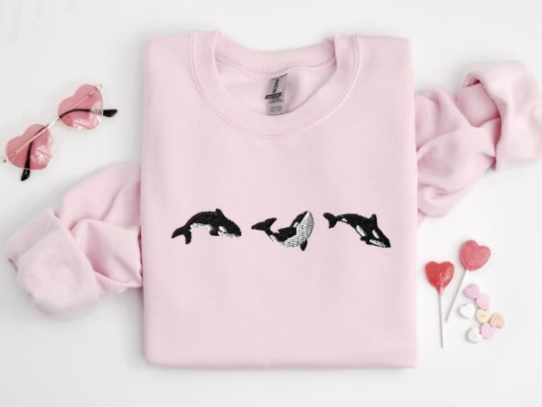 Embroidered Trio of Orcas Sweatshirt, Embroidered Orcas Sweatshirt For Family