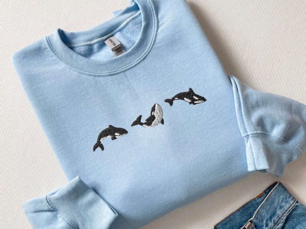 Embroidered Trio of Orcas Sweatshirt, Embroidered Orcas Sweatshirt For Family