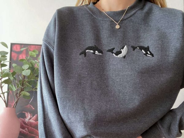 Embroidered Trio of Orcas Sweatshirt, Embroidered Orcas Sweatshirt For Family