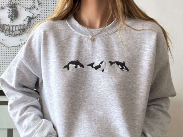 Embroidered Trio of Orcas Sweatshirt, Embroidered Orcas Sweatshirt For Family