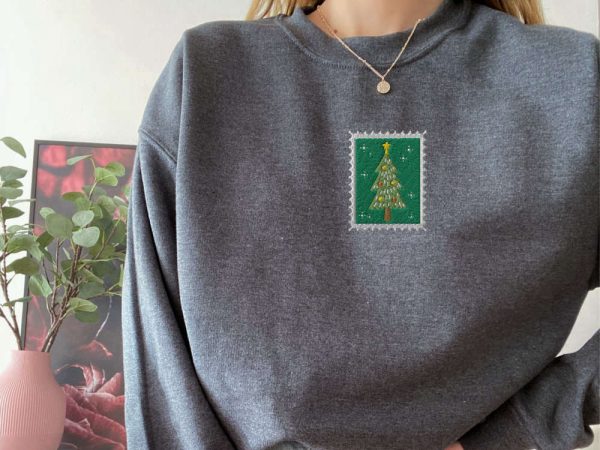 Embroidered Vintage Christmas Tree Stamp Sweatshirt, Gift For Christmas