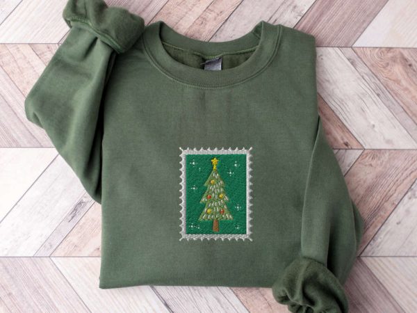 Embroidered Vintage Christmas Tree Stamp Sweatshirt, Gift For Christmas