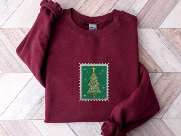 Embroidered Vintage Christmas Tree Stamp Sweatshirt, Gift For Christmas