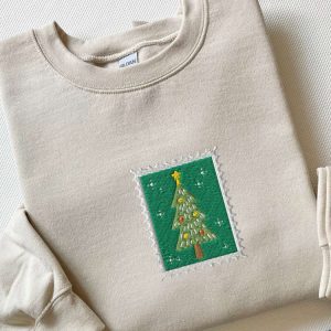 Embroidered Vintage Christmas Tree Stamp Sweatshirt,…