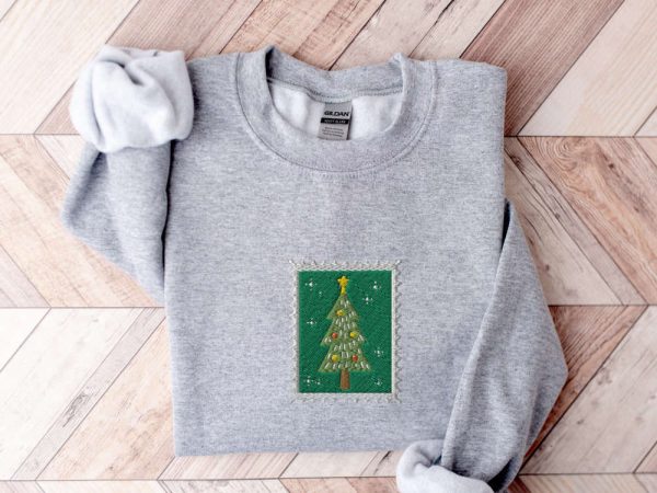 Embroidered Vintage Christmas Tree Stamp Sweatshirt, Gift For Christmas