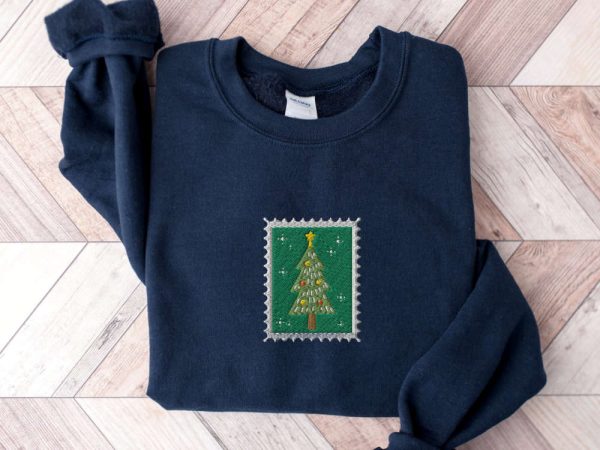 Embroidered Vintage Christmas Tree Stamp Sweatshirt, Gift For Christmas