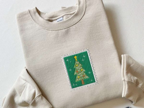 Embroidered Vintage Christmas Tree Stamp Sweatshirt, Gift For Christmas