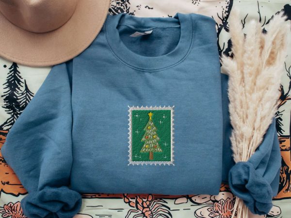 Embroidered Vintage Christmas Tree Stamp Sweatshirt, Gift For Christmas