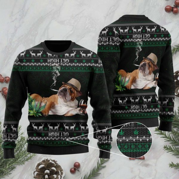 English Bulldog Get High Cannabis For Unisex Ugly Christmas Sweater, Gift For Christmas