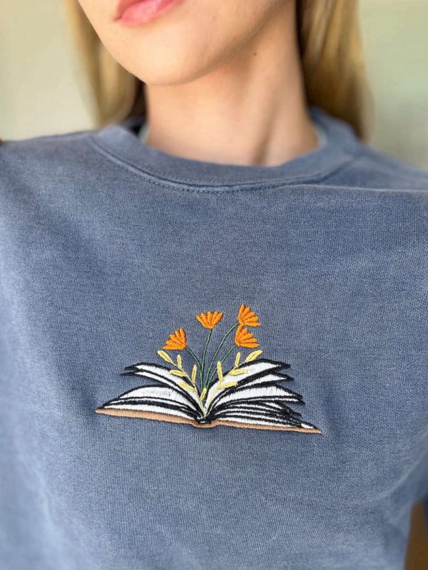 Fall Floral Book Embroidered Sweatshirt 2D Crewneck Sweatshirt Gift For Family