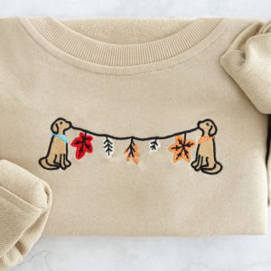 fall leaves dog embroidered sweatshirt 2d crewneck sweatshirt for family .jpeg