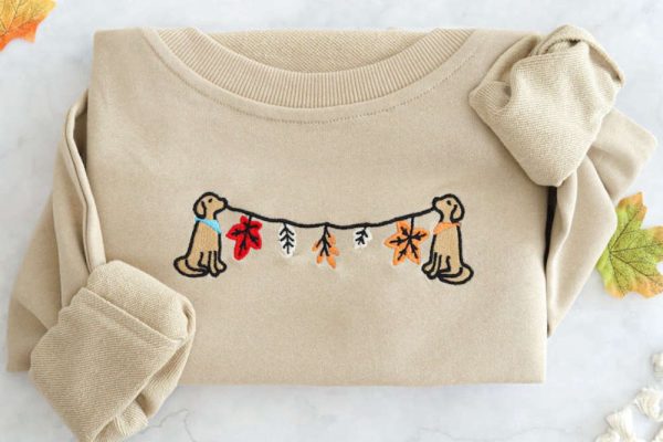 Fall Leaves Dog Embroidered Sweatshirt 2D Crewneck Sweatshirt For Family